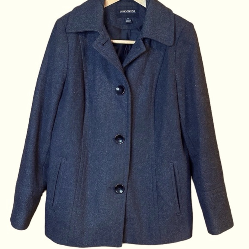 London Fog Black Wool Blend Peacoat Single Breasted 3 Button Down Coat